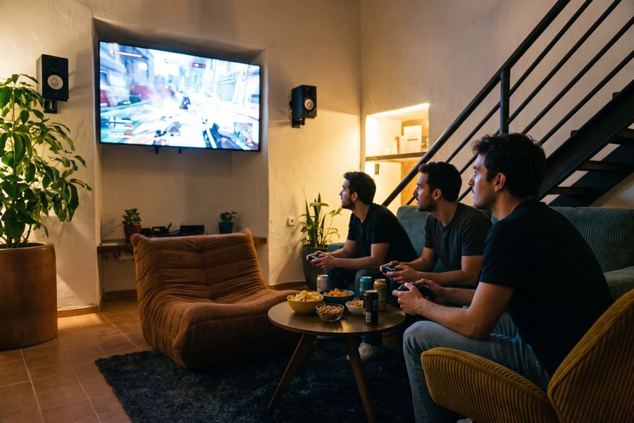 Tres personas sentadas al filo del sofá, con los controles en la mano y la vista en la pantalla del Tiny Room